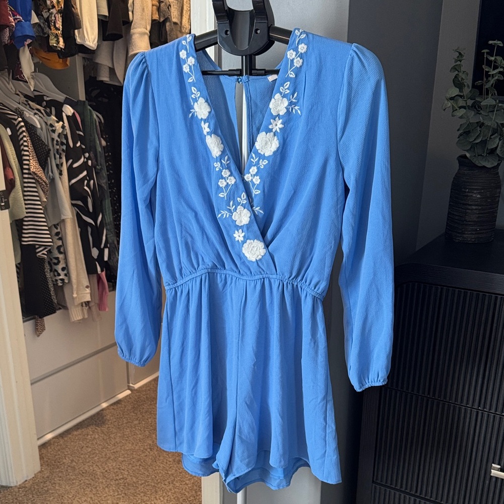 Blue V-Neck Embroidered Romper